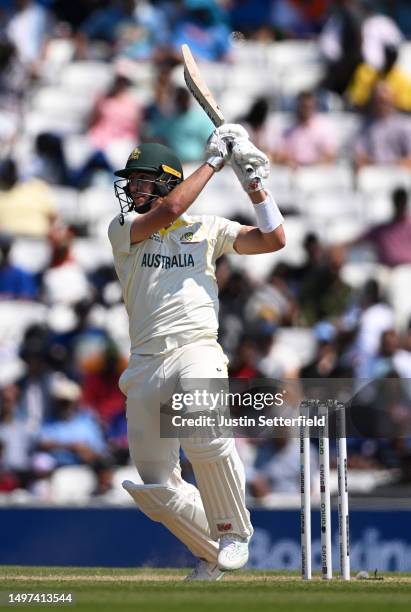 Pat Cummins of Australia plays a shot during day four of the ICC World Test Championship Final between Australia and India at The Oval on June 10,...