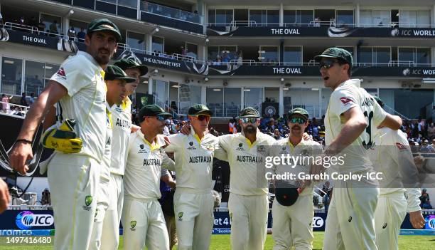 Players of Australia huddle ahead of fielding during day four of the ICC World Test Championship Final between Australia and India at The Oval on...