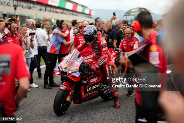Francesco Bagnaia of Italy and Ducati Lenovo Team look on prior the Sprint Raceœ of MotoGP of Italy at Mugello Circuit on June 10, 2023 in Scarperia,...