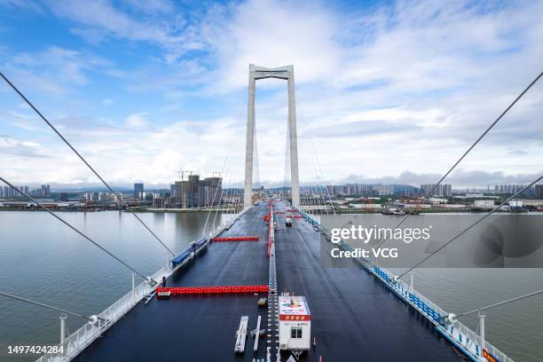 Aerial view of the construction site of Shenzhen-Zhongshan Bridge on June 9, 2023 in Zhongshan, Guangdong Province of China.