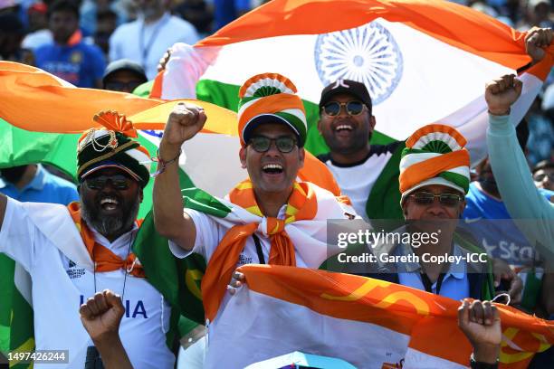 Fans of India react in the crowd during day four of the ICC World Test Championship Final between Australia and India at The Oval on June 10, 2023 in...