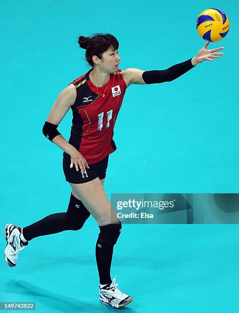 Ai Otomo of Japan serves the ball to Russia during Women's Volleyball on Day 7 of the London 2012 Olympic Games at Earls Court on August 3, 2012 in...