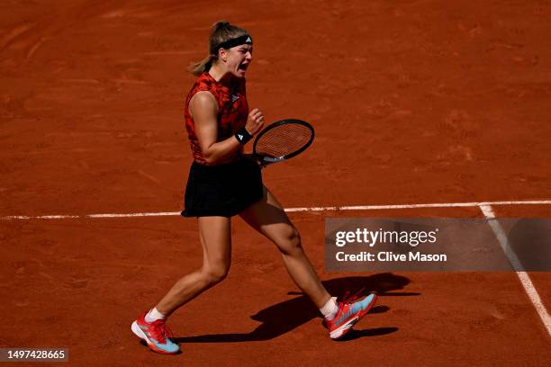 Karolina Muchova of Czech Republic celebrates a point against Iga Swiatek of Poland during the Women's Singles Final match on Day Fourteen of the...