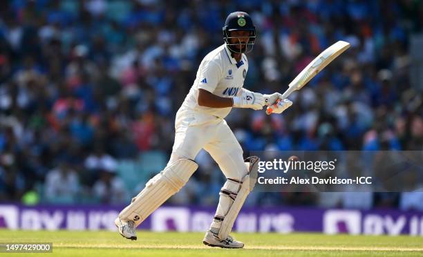 Cheteshwar Pujara of India plays a shot during day four of the ICC World Test Championship Final between Australia and India at The Oval on June 10,...