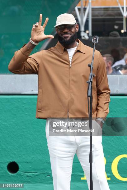 LeBron James gets the race underway during the 100th anniversary of the 24 Hours of Le Mans at the Circuit de la Sarthe June 10, 2023 in Le Mans,...