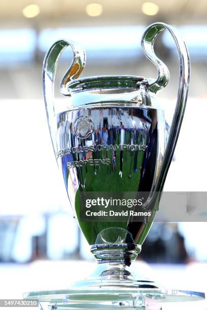 Detailed view of the UEFA Champions League trophy prior to the UEFA Champions League 2022/23 final match between FC Internazionale and Manchester...