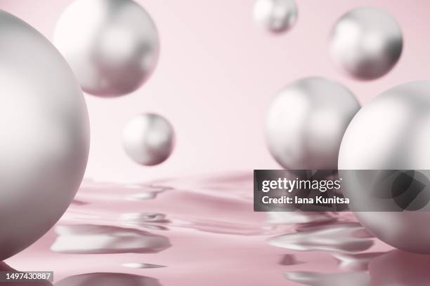 glossy silver metallic drops, molecules on pink background. 3d spheres, bubbles pattern. - pearl texture stock pictures, royalty-free photos & images