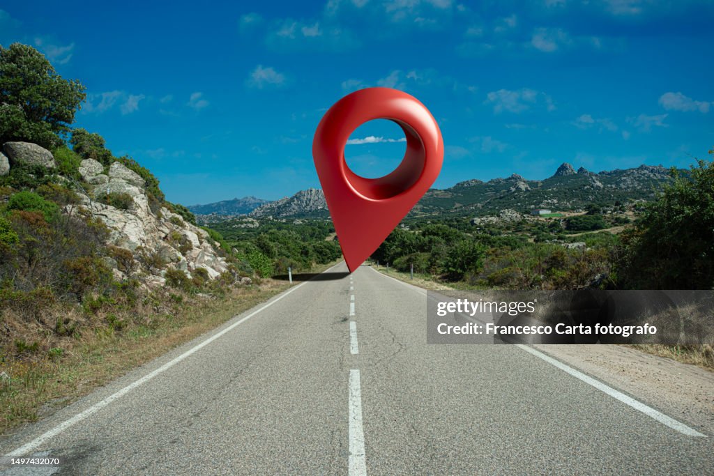 Empty asphalt road with a big Location map pin