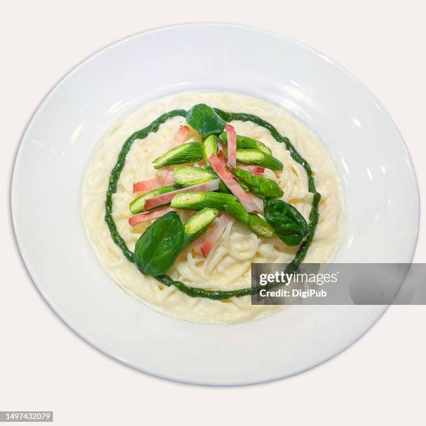 genovese cream sauce spaghetti with asparagus & bacon, food model - yōshoku stock pictures, royalty-free photos & images