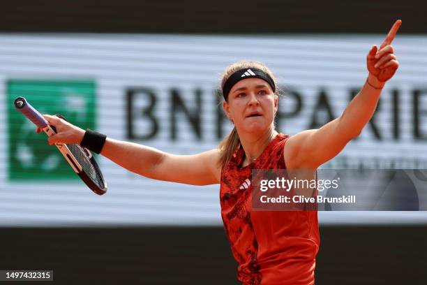 Karolina Muchova of Czech Republic celebrates a point against Iga Swiatek of Poland during the Women's Singles Final match on Day Fourteen of the...