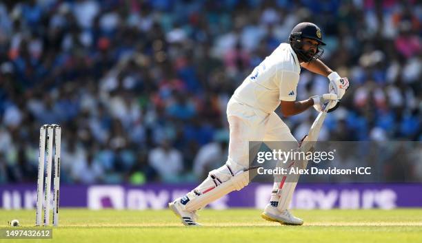 Rohit Sharma of India plays a shot during day four of the ICC World Test Championship Final between Australia and India at The Oval on June 10, 2023...