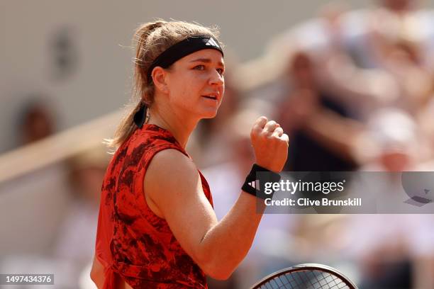 Karolina Muchova of Czech Republic celebrates a point against Iga Swiatek of Poland during the Women's Singles Final match on Day Fourteen of the...