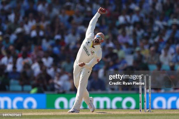 Nathan Lyon of Australia bowls during day four of the ICC World Test Championship Final between Australia and India at The Oval on June 10, 2023 in...