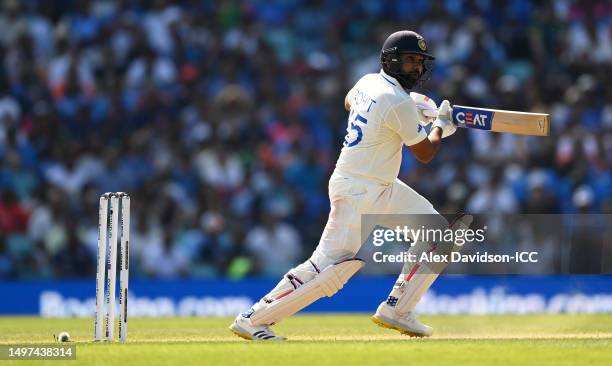 Rohit Sharma of India plays a shot during day four of the ICC World Test Championship Final between Australia and India at The Oval on June 10, 2023...