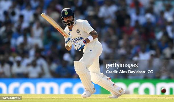 Virat Kohli of India plays a shot during day four of the ICC World Test Championship Final between Australia and India at The Oval on June 10, 2023...