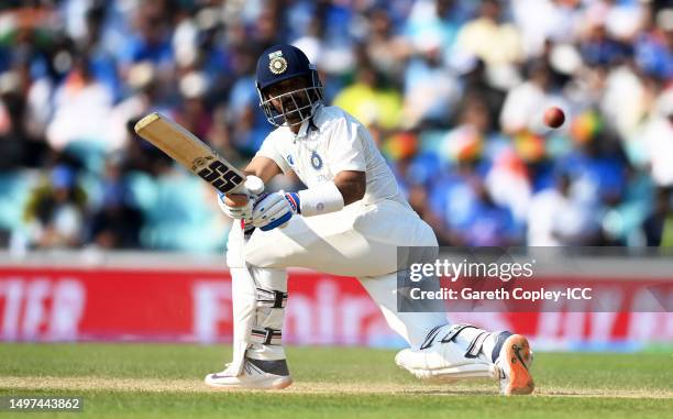 Ajinkya Rahane of India plays a shot during day four of the ICC World Test Championship Final between Australia and India at The Oval on June 10,...