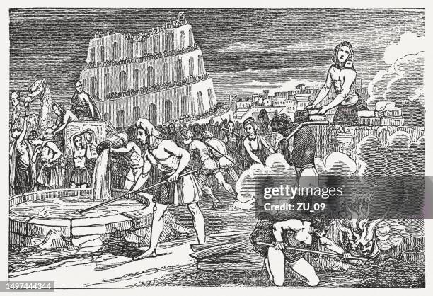 the tower of babel (genesis 11), wood engraving, published 1835 - tower of babel stock illustrations