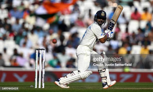 Ajinkya Rahane of India plays a shot during day four of the ICC World Test Championship Final between Australia and India at The Oval on June 10,...