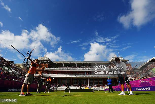 Rick van der Ven of Netherlands competes in his Men's Individual Archery 1/8 Eliminantions match against Im Dong Hyun of Korea during the Men's...