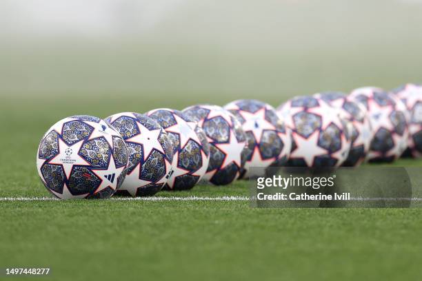 Detailed view of the adidas UEFA Champions League match balls prior to the UEFA Champions League 2022/23 final match between FC Internazionale and...