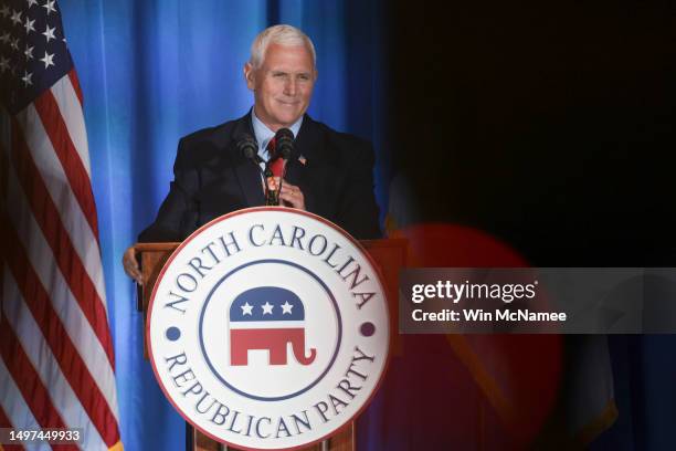 Republican presidential candidate former U.S. Vice President Mike Pence delivers remarks June 10, 2023 in Greensboro, North Carolina. Pence spoke...
