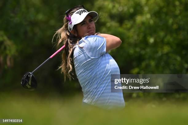 Gerina Mendoza of the United States hits a tee shot on the 14th hole during the second round of the ShopRite LPGA Classic presented by Acer at...