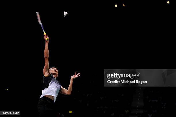 Chong Wei Lee of Malaysia competes in the Men's Singles Badminton Semi-Final against Long Chen of China on Day 7 of the London 2012 Olympic Games at...
