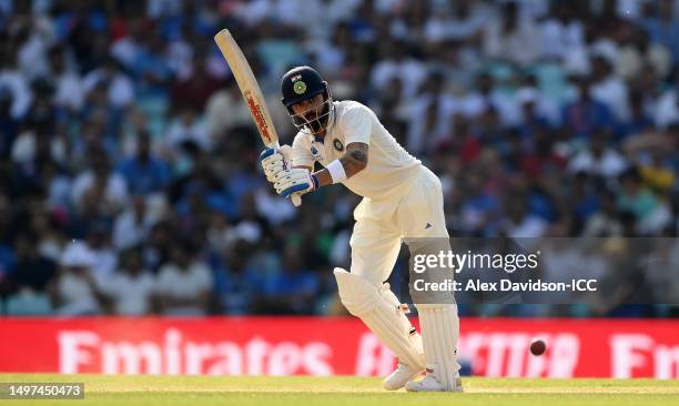 Virat Kohli of India plays a shot during day four of the ICC World Test Championship Final between Australia and India at The Oval on June 10, 2023...