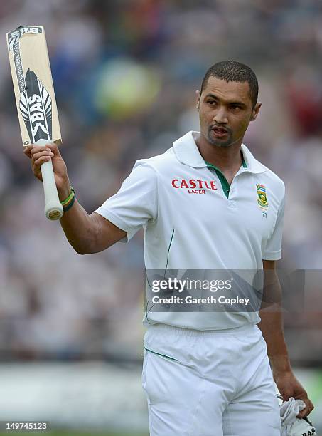 Alviro Petersen of South Africa leaves the field after being dismissed by Stuart Broad of England for 182 runs during day two of the 2nd Investec...