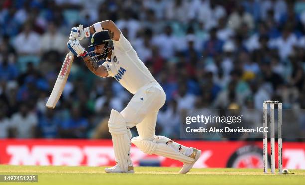 Virat Kohli of India plays a shot during day four of the ICC World Test Championship Final between Australia and India at The Oval on June 10, 2023...