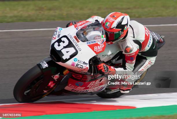 Mattia Pasini of Italy and Fieten Olie Racing GP rounds the bend during the MotoGP of Italy - Qualifying at Mugello Circuit on June 10, 2023 in...