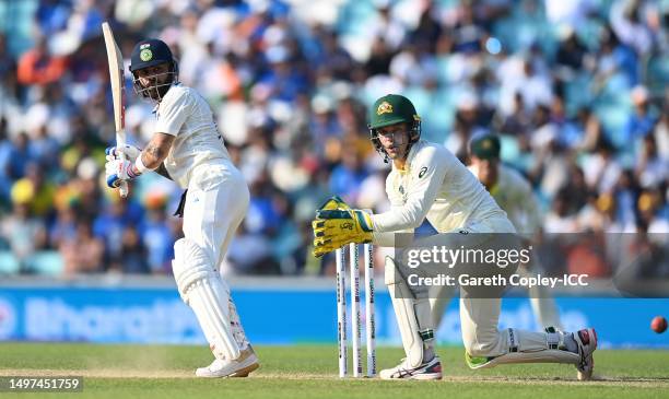 Virat Kohli of India plays a shot as Alex Carey of Australia keeps during day four of the ICC World Test Championship Final between Australia and...