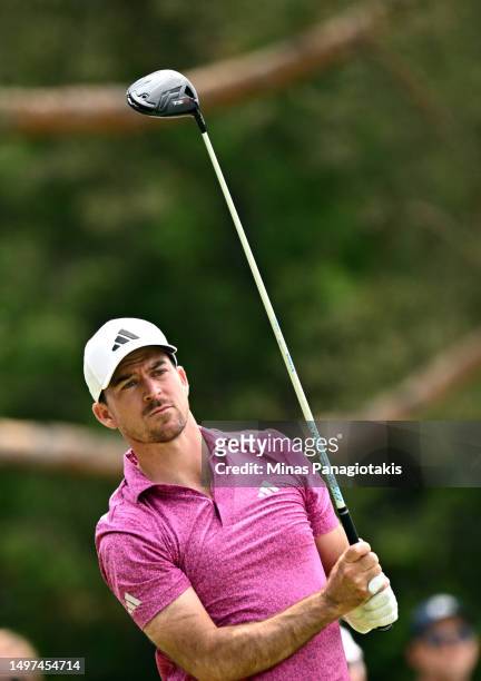 Nick Taylor of Canada hits his first shot on the 12th hole during the third round of the RBC Canadian Open at Oakdale Golf & Country Club on June 10,...