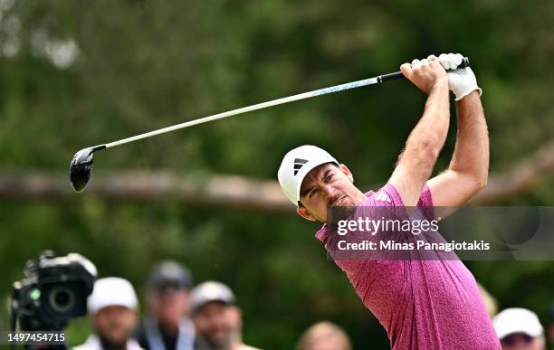 Nick Taylor of Canada hits his first shot on the 12th hole during the third round of the RBC Canadian Open at Oakdale Golf & Country Club on June 10,...
