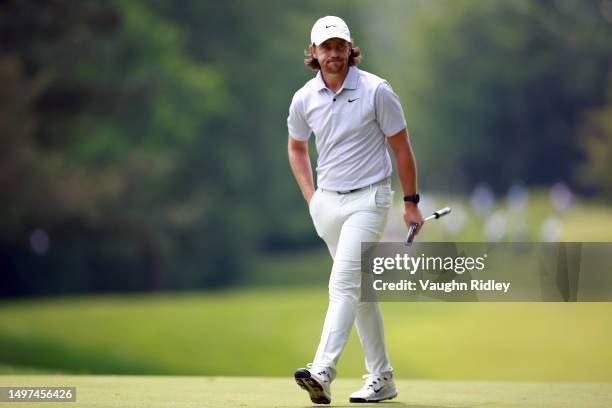 Tommy Fleetwood of England walks onto the green on the 2nd hole during the third round of the RBC Canadian Open at Oakdale Golf & Country Club on...