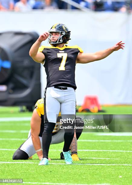 Chris Blewitt of the Pittsburgh Maulers reacts after a field goal during the second quarter in the game against the Michigan Panthers at Tom Benson...