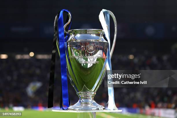 The UEFA Champions League trophy is seen on a plinth prior to the UEFA Champions League 2022/23 final match between FC Internazionale and Manchester...