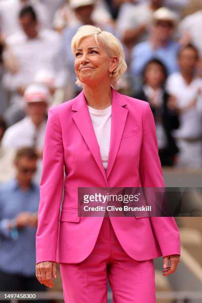 Former Tennis Player, Chris Evert looks on during the trophy ceremony for the Women's Singles Final match between Iga Swiatek of Poland and Karolina...