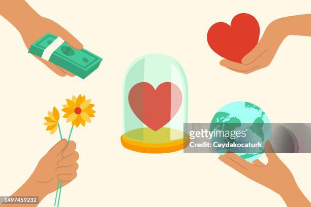 stockillustraties, clipart, cartoons en iconen met hands holding out money, heart, earth and flowers to buy the heart in the glass bell jar. - hand with bell