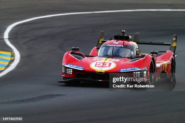 The Ferrari AF Corse Ferrari 499P of Alessandro Pier Guidi, James Calado and Antonio Giovinazzi drives during the 100th anniversary 24 Hours of Le...