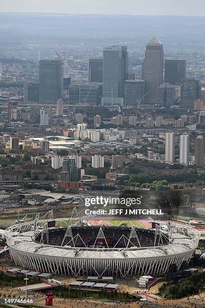 An aeriel view taken on August 3, 2012 shows the Olympic Stadium at the Olympic Park on day 7 of the London 2012 Olympic Games. AFP PHOTO / POOL/...