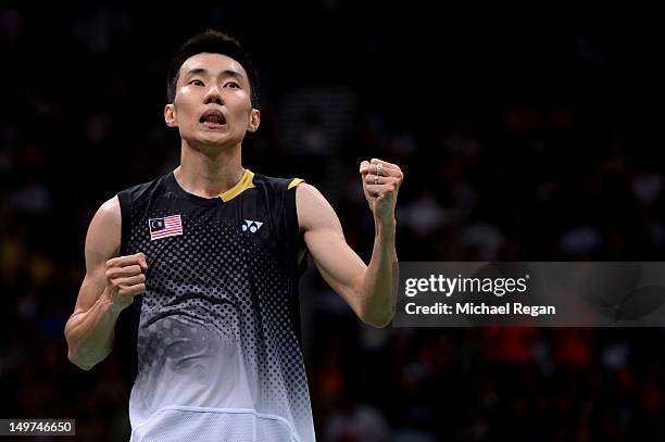 Chong Wei Lee of Malaysia celebrates winning the Men's Singles Badminton Semi-Final against Long Chen of China on Day 7 of the London 2012 Olympic...