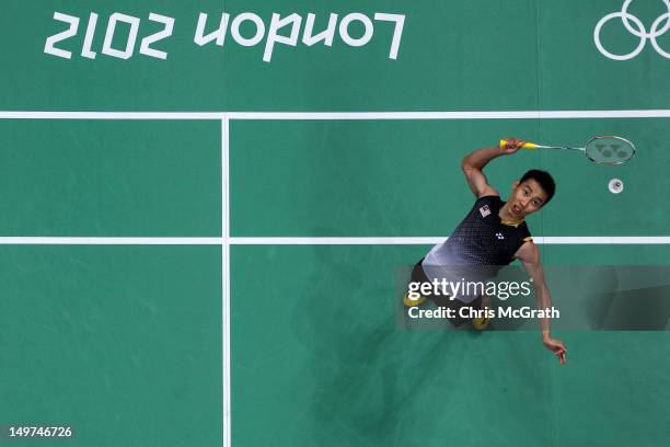 Chong Wei Lee of Malaysia competes in the Men's Singles Badminton Semi-Final against Long Chen of China on Day 7 of the London 2012 Olympic Games at...
