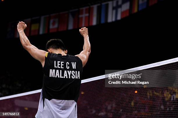 Chong Wei Lee of Malaysia celebrates winning the Men's Singles Badminton Semi-Final against Long Chen of China on Day 7 of the London 2012 Olympic...