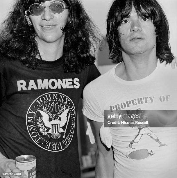 American punk rock singer Joey Ramone And american bassist Dee Dee Ramone after performing at the Armadillo World Headquarters in 1977 in Austin...