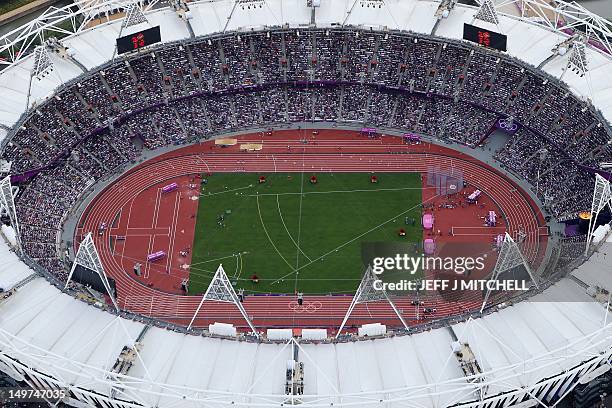 An aeriel view taken on August 3, 2012 shows the Olympic stadium with tracks prepared for the athletics competition at the Olympic Park on day 7 of...