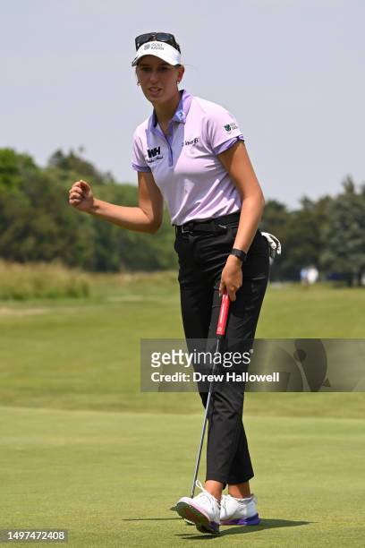 Chiara Noja of Germany reacts to a putt on the 18th green during the second round of the ShopRite LPGA Classic presented by Acer at Seaview Bay...