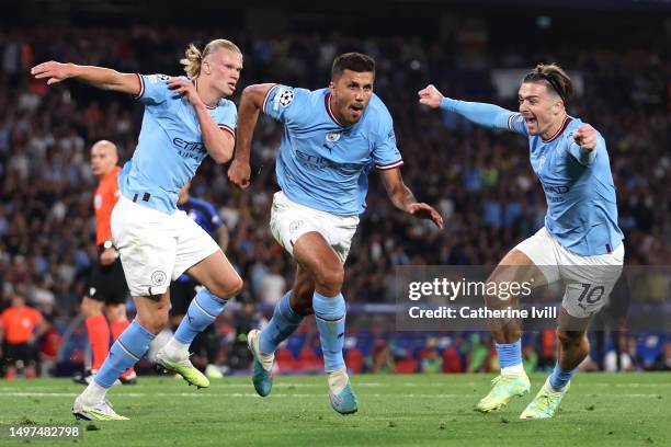 Rodri of Manchester City celebrates after scoring the team's first goal during the UEFA Champions League 2022/23 final match between FC...