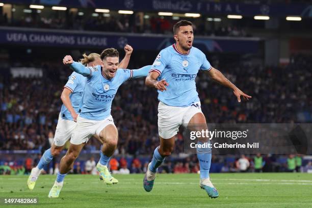 Rodri of Manchester City celebrates after scoring the team's first goal during the UEFA Champions League 2022/23 final match between FC...