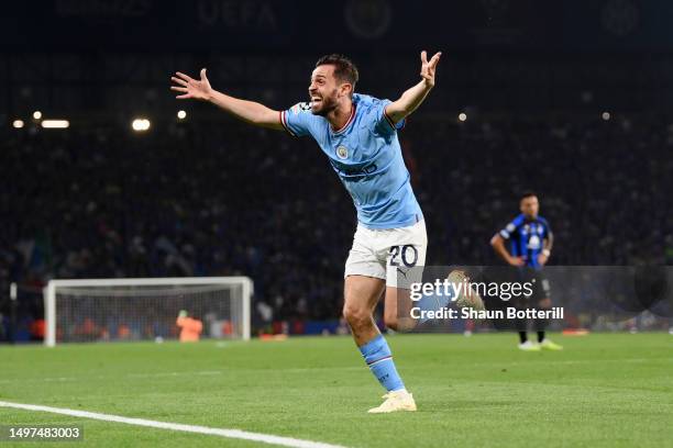 Bernardo Silva of Manchester City celebrates after teammate Rodri scores the team's first goal during the UEFA Champions League 2022/23 final match...